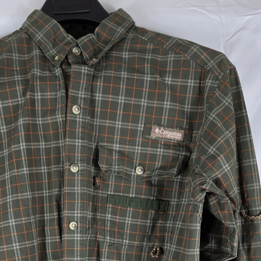 Columbia PHG Mens Medium Green Orange Plaid Long Sleeve Hunting Shirt Back Vent